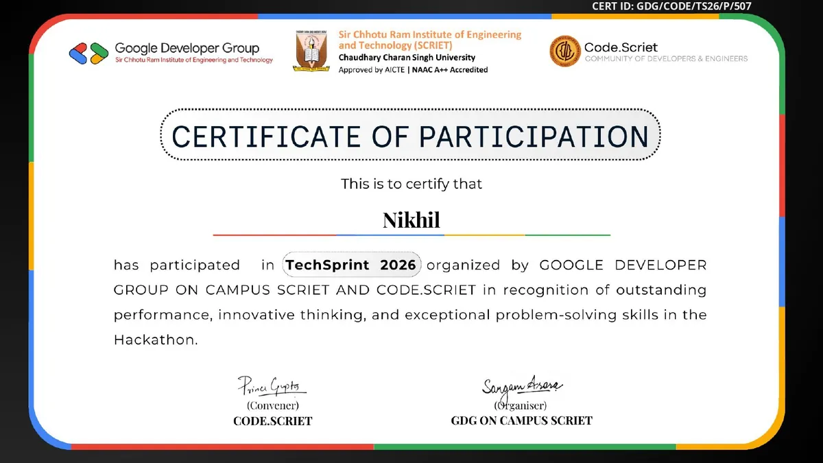 TechSprint 2026 Hackathon Certificate - Google Developer Group